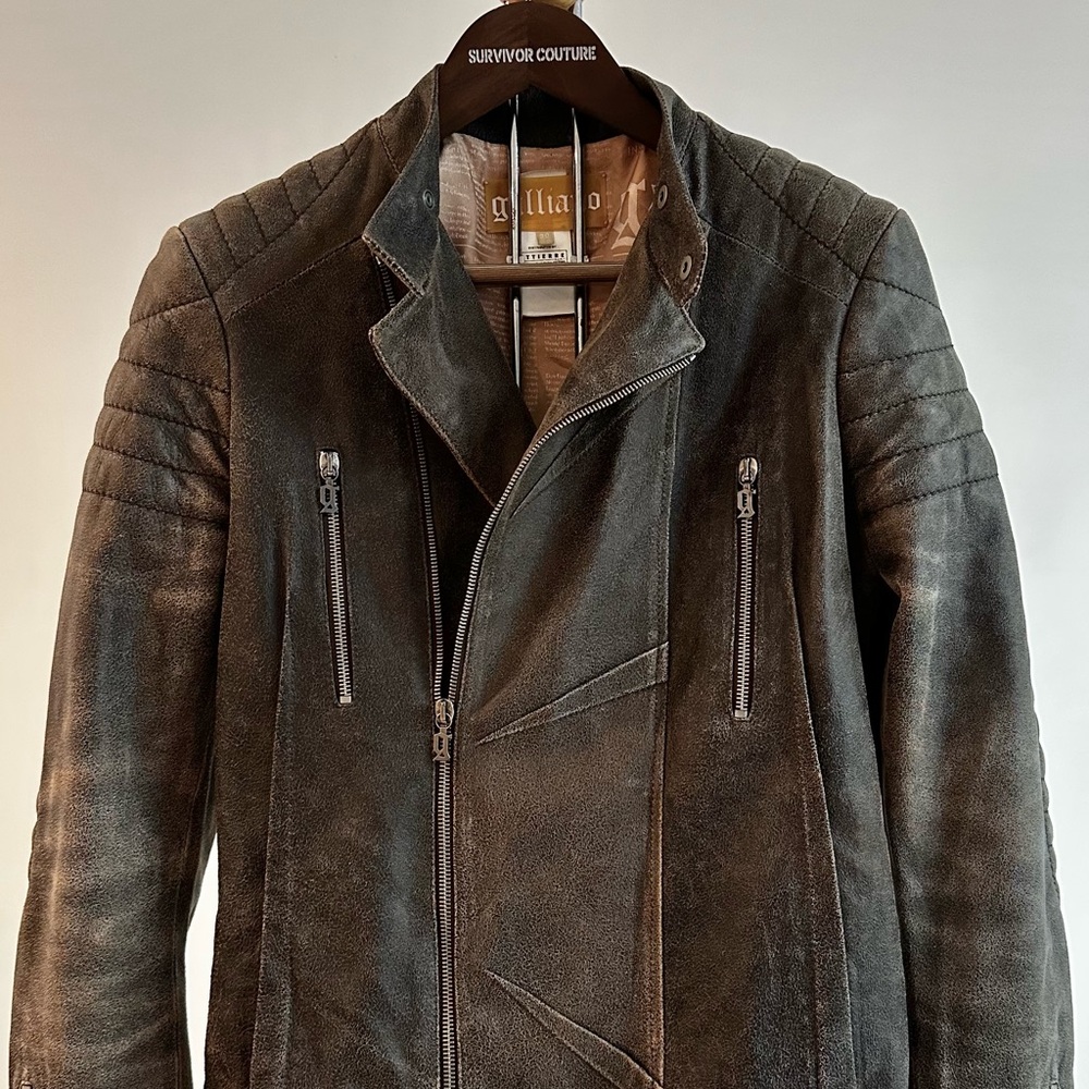 Galliano brown leather jacket embroidered